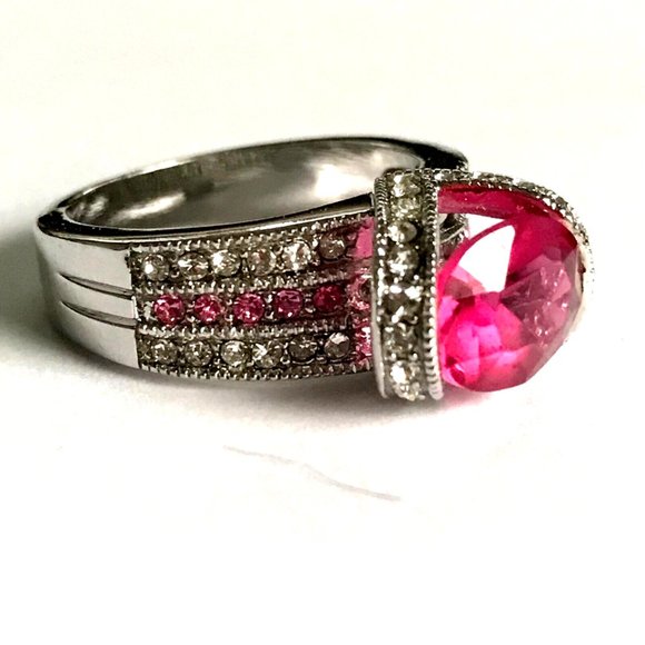 Pink Cubic Zirconia Art Deco Cocktail Ring Size 8 Statement Silver Plated - Picture 2 of 16